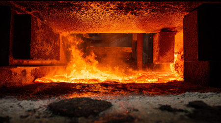 Intense lava flow glows in a dark industrial furnace, showcasing vibrant orange flames and molten materials. A captivating display of energy and heat in action.の素材