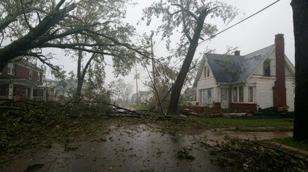 Vivid depiction of storm damage showing fallen trees and debris on a suburban street, revealing the challenges faced by communities after severe weather events.の素材