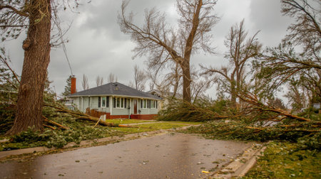 A residential area shows the impact of a storm with fallen trees and dark clouds looming above, highlighting the need for cleanup and recovery efforts after severe weather.の素材