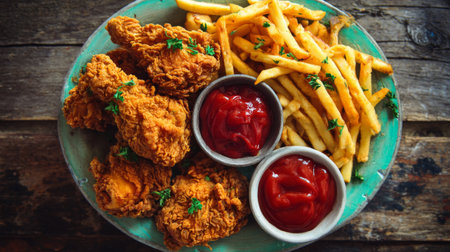 A mouthwatering plate of fried chicken accompanied by crispy French fries, fresh herbs, and rich ketchup, perfect for a satisfying meal or gathering.の素材