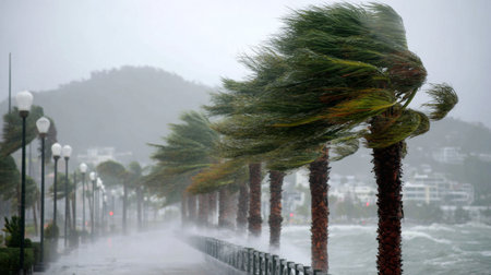 A dramatic scene of strong winds and heavy rain showcases palm trees swaying along a waterfront in a coastal city, illustrating the power of nature during a storm.の素材