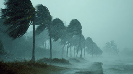 A captivating view of a stormy landscape showcasing strong winds and heavy rainfall that dramatically impact nearby trees, evoking nature's raw power and chaos.の素材