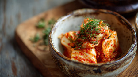 Discover the vibrant flavors of homemade kimchi served in a rustic bowl, enhanced with fresh herbs, perfect for showcasing Asian culinary traditions.の素材