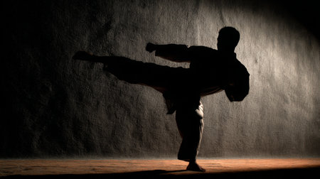 A dramatic silhouette of a karate practitioner performing a high kick, captured against a textured dark wall. This image highlights athleticism, discipline, and martial arts training.の素材
