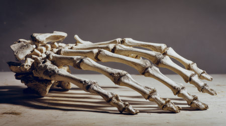 A striking close-up of a human hand skeleton showcasing intricate bone structures and joints. Perfect for educational materials, design projects, or medical illustrations.の素材
