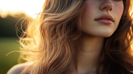 A close-up of a woman with long, flowing hair styled in soft waves, illuminated by natural sunlight, highlighting the beauty and texture of her hair.の素材