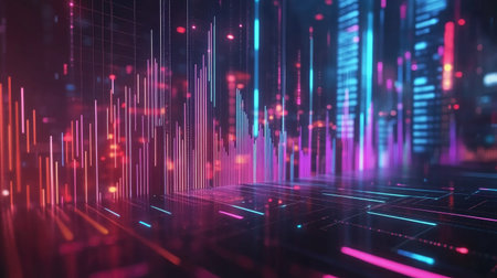 A 3D bar chart with dynamic stock data floating in the background, highlighting the rise and fall of different stocks in a futuristic finance environment.の素材