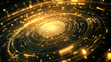 A 3D circular gold graph rotating in space, with highlighted segments and floating data points, representing the gold market performance in a high-tech interface.の素材