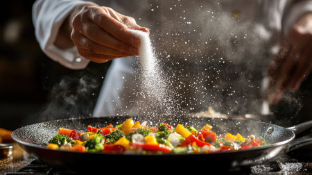 A chef sprinkling salt over a sizzling pan of vegetables, with steam rising and vibrant colors, showcasing the seasoning process in action.の素材