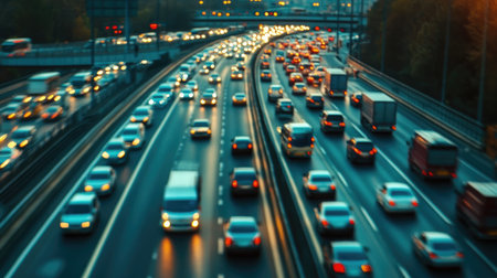 A bustling expressway filled with cars and trucks during rush hour, showcasing the vibrant energy of urban life and the importance of fast transportation.の素材