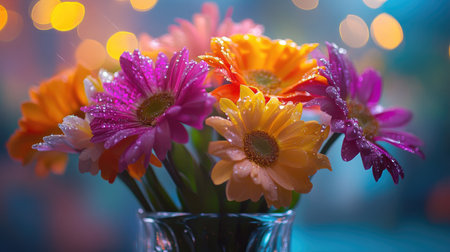 A bouquet of colorful flowers arranged in a glass vase, with water droplets on the petals, reflecting light and creating a fresh, vibrant atmosphereの素材