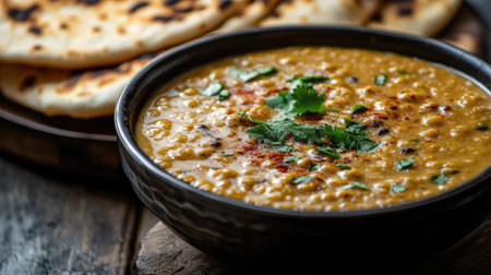A close-up of a bowl of rich, creamy dal makhani served with fluffy naan, with spices sprinkled on top, highlighting the warmth and richness of Indian cuisineの素材
