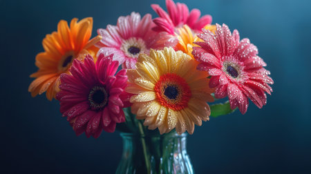 A bouquet of colorful flowers arranged in a glass vase, with water droplets on the petals, reflecting light and creating a fresh, vibrant atmosphereの素材