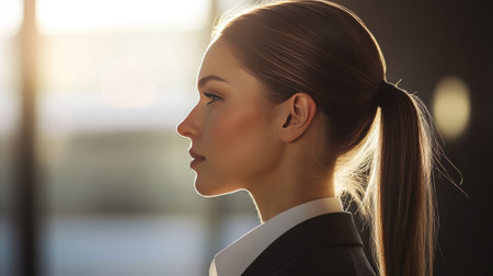 A close-up of a woman with a sleek ponytail, dressed in professional attire, showcasing polished elegance and confidence in a modern work environment.の素材