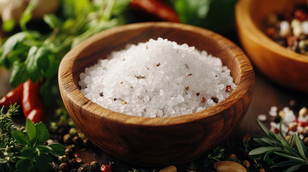 A close-up of coarse sea salt in a wooden bowl, surrounded by fresh herbs and spices, emphasizing its importance as a key ingredient in cooking.の素材