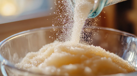 A close-up of granulated sugar pouring from a glass jar into a mixing bowl, capturing the essence of baking and the sweetness it brings to recipes.の素材