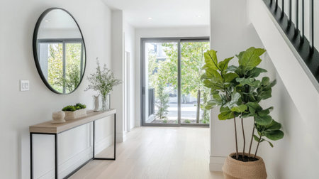 A bright entryway with minimal decor, featuring a sleek console table, potted plants, and a large mirror, welcoming guests into a clean, uncluttered space.の素材
