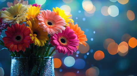 A bouquet of colorful flowers arranged in a glass vase, with water droplets on the petals, reflecting light and creating a fresh, vibrant atmosphereの素材