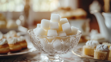 A close-up of a sugar bowl with decorative sugar cubes, elegantly arranged on a table with pastries, highlighting the sweetness in fine dining.の素材