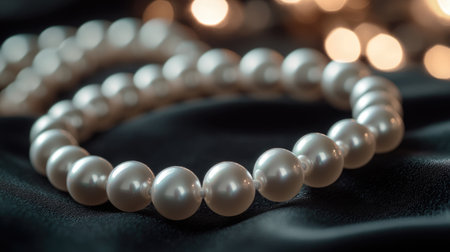 A close-up of a pearl necklace resting on a black velvet surface, each pearl glistening softly under elegant lighting, emphasizing its smooth texture and luxurious appeal.の素材