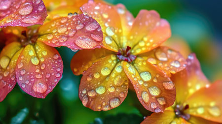 A close-up of vibrant flowers with glistening water droplets on their petals, capturing the freshness and beauty of nature after a rain shower.の素材