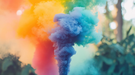 A close-up shot of rainbow-colored smoke billowing from a smoke bomb, set against a dramatic backdrop of nature, capturing the beauty of color in motion.の素材