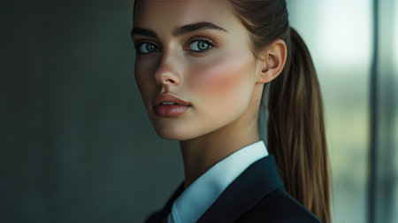A close-up of a woman with a sleek ponytail, dressed in professional attire, showcasing polished elegance and confidence in a modern work environment.の素材
