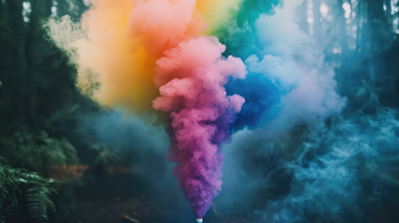 A close-up shot of rainbow-colored smoke billowing from a smoke bomb, set against a dramatic backdrop of nature, capturing the beauty of color in motion.の素材