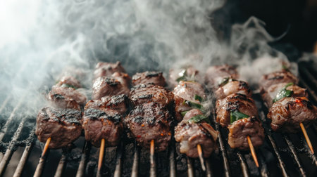 A close-up of skewered marinated meat on a grill, with smoke billowing and spices visible, emphasizing the flavors and textures of grilled meats.の素材