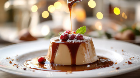 A delicious dessert being drizzled with caramel sauce made from sugar, with the rich, glossy texture accentuating the indulgence of the dish.の素材