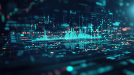 A digital stock graph with candlestick patterns and a rising trend line in green, surrounded by real-time market data and futuristic icons, symbolizing growth.の素材