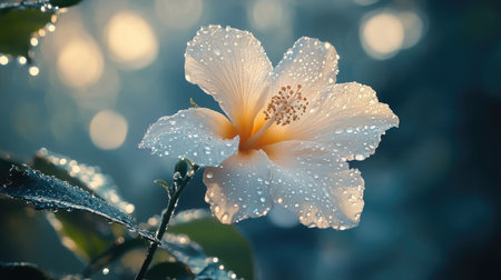 A delicate flower in full bloom, with drops of water delicately clinging to its petals, illuminated by soft morning sunlight for a serene effect.の素材