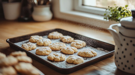 A cozy kitchen scene with a baking tray filled with cookies, freshly sprinkled with sugar, capturing the anticipation of a sweet treatの素材