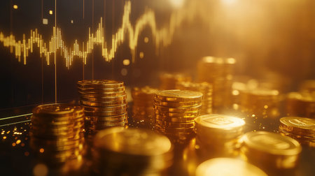 A digital gold chart with a bright upward trend line, surrounded by gold coins and bars, representing the increasing value of gold in the financial market.の素材