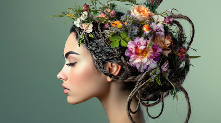 A creative shot of a woman with an intricate braided hairstyle, adorned with flowers, showcasing the elegance and artistry of contemporary hair fashion.の素材