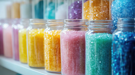 A creative display of colorful sugar crystals in various jars, emphasizing the beauty and variety of sugars used in baking and decorationの素材