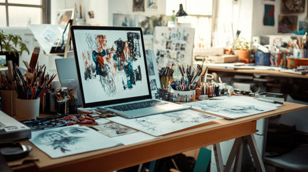 A creative workspace featuring a large desk covered with art supplies, sketches, and a laptop, highlighting the artistic process in a bright environment.の素材