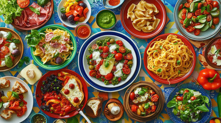 A colorful spread of classic Italian dishes, including pasta, bruschetta, and a fresh salad, capturing the vibrancy and flavors of Mediterranean food.の素材