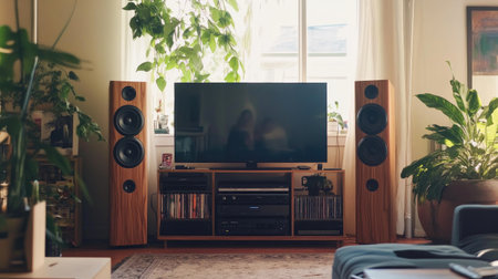 A cozy living room setup with a sound system, complete with floor-standing speakers and a TV, creating an inviting space for movie nights.の素材