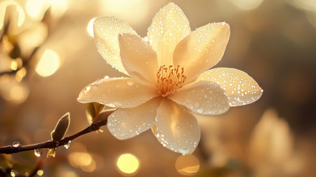 A delicate flower in full bloom, with drops of water delicately clinging to its petals, illuminated by soft morning sunlight for a serene effect.の素材