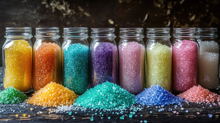 A creative display of colorful sugar crystals in various jars, emphasizing the beauty and variety of sugars used in baking and decorationの素材