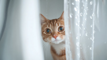 A creative shot of a cat peeking out from behind a shower curtain, with water running in the background, adding a touch of curiosity and playfulness.の素材
