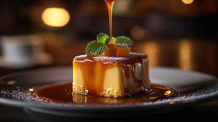 A delicious dessert being drizzled with caramel sauce made from sugar, with the rich, glossy texture accentuating the indulgence of the dish.の素材