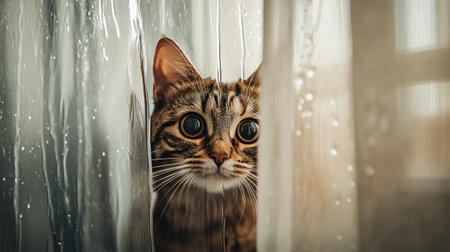 A creative shot of a cat peeking out from behind a shower curtain, with water running in the background, adding a touch of curiosity and playfulness.の素材