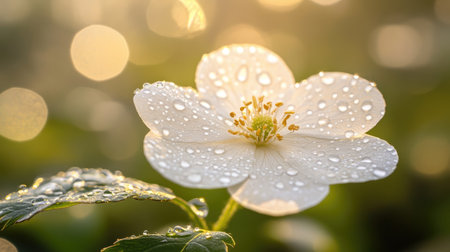A delicate flower in full bloom, with drops of water delicately clinging to its petals, illuminated by soft morning sunlight for a serene effect.の素材