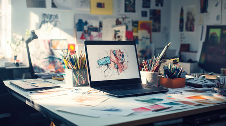 A creative workspace featuring a large desk covered with art supplies, sketches, and a laptop, highlighting the artistic process in a bright environment.の素材