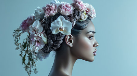 A creative shot of a woman with an intricate braided hairstyle, adorned with flowers, showcasing the elegance and artistry of contemporary hair fashion.の素材