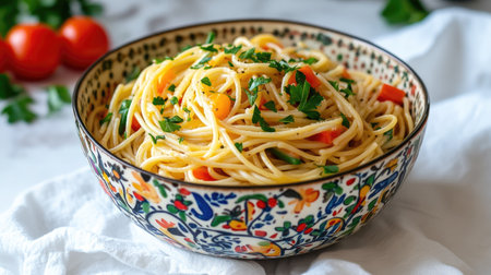 A colorful bowl of spaghetti primavera, filled with seasonal vegetables and a light garlic sauce, garnished with parsley and served on a white tablecloth.の素材