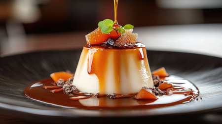A delicious dessert being drizzled with caramel sauce made from sugar, with the rich, glossy texture accentuating the indulgence of the dish.の素材
