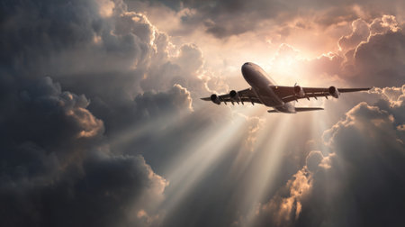 An airplane soars through a breathtaking sky filled with dramatic clouds and beams of sunlight. The scene captures the essence of travel and adventure, symbolizing freedom.の素材